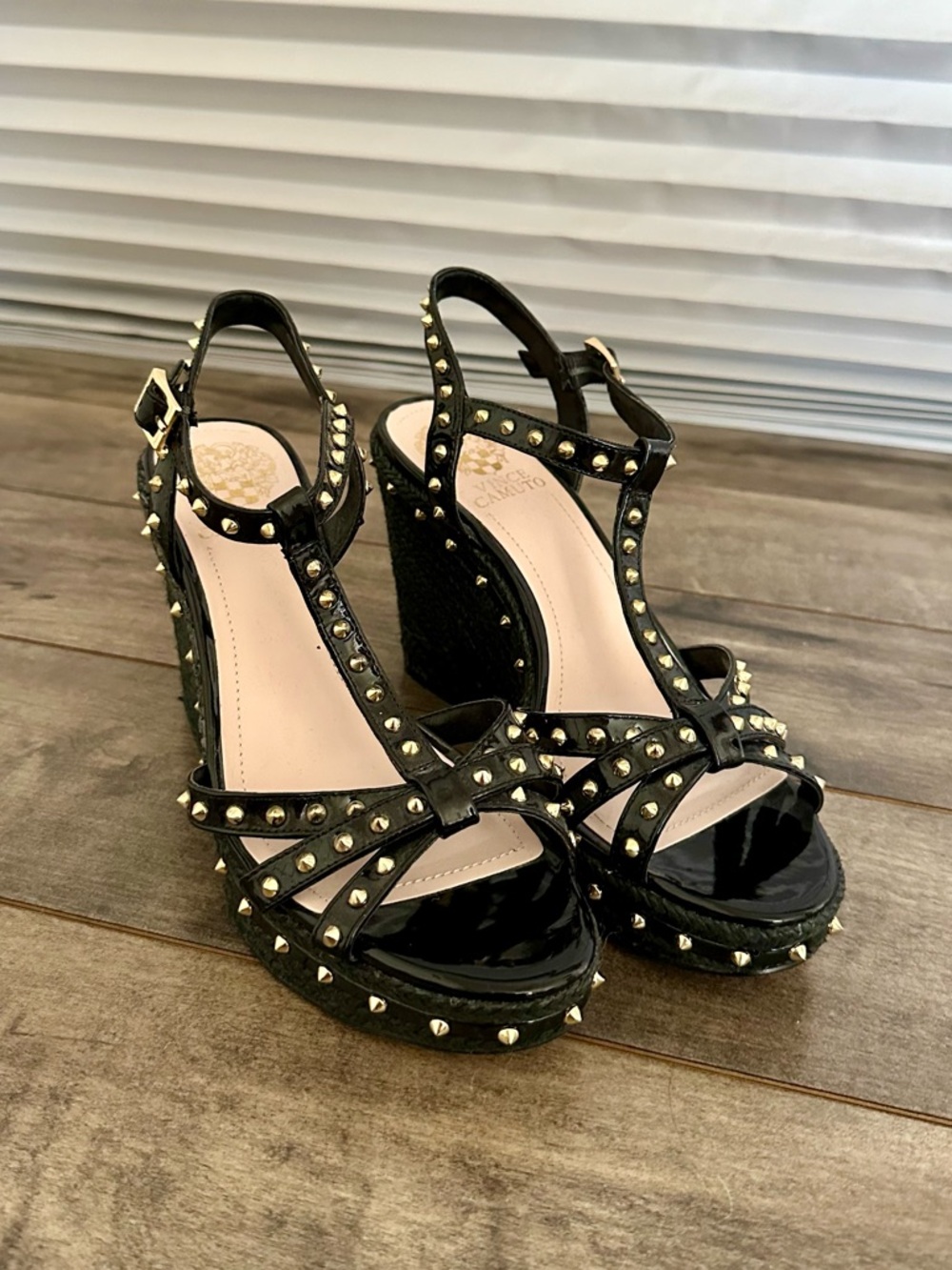 Vince Camuto Black Gold Studded Wedge Sandals